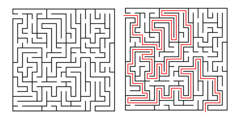 Abstract labyrinth for kids and adult on white background. Vector illustration with black square maze. Labyrinth with entry and exit. 