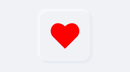 Bright white gradient square button with red heart shape. Internet symbol like on a background. Neumorphic effect icon. Shaped love figure in trendy soft 3D style