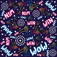 Seamless flat neon pattern. A linear hand holds a dart and aims at the target. Funny lettering. Concept for print or web use. On a dark blue background.
