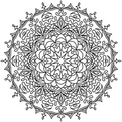 Circle mandala coloring page for adult. Black and white mandala poster. Relax and meditation. Beautiful nature ornament. 