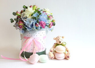 bouquet of flowers, marshmallows, handmade teddy bear