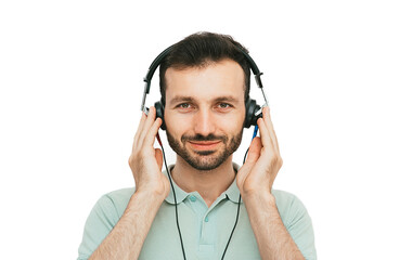 Hearing test, hearing diagnostic. A man wearing headphones having an audiometry test isolated in white