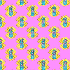 Seamless pattern of a bunch of yellow bananas and pineapples on a pink background. The concept of food, summer.