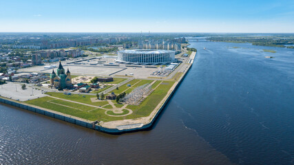 Alexander Nevsky Cathedral and football stadium at the confluence of the Oka and Volga rivers in...