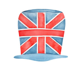 Water color illustration of soft cylinder hat, decorated with British Union Jack pattern. One single object, front view. Hand painted watercolour graphic drawing on white, cut out element for design.