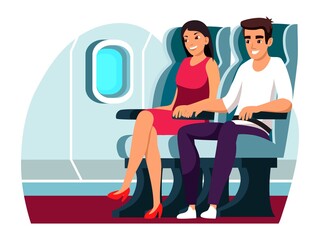 Happy vector man woman flying in airplane cabin