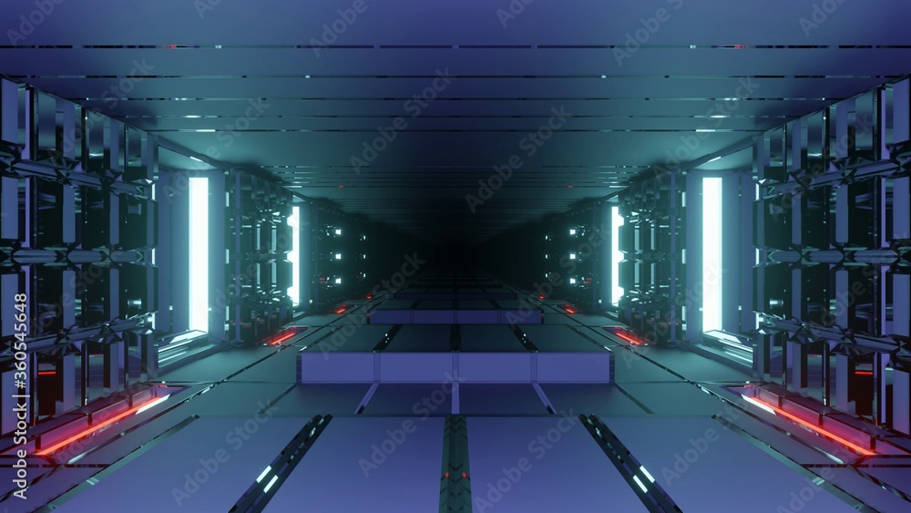 Poster 3d rendering illustration with futuristic sci-fi techno lights creating a tunnel