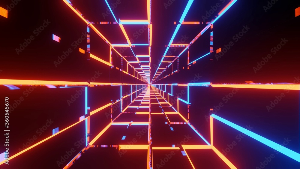 Poster 3d rendering illustration with futuristic sci-fi blue techno lights creating a tunnel
