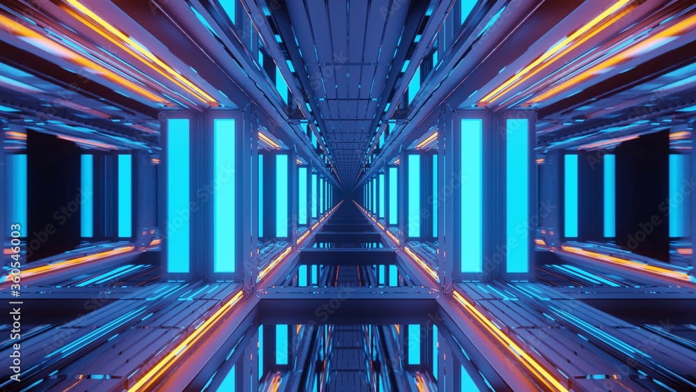 Poster 3d rendering illustration with futuristic sci-fi blue techno lights creating a tunnel