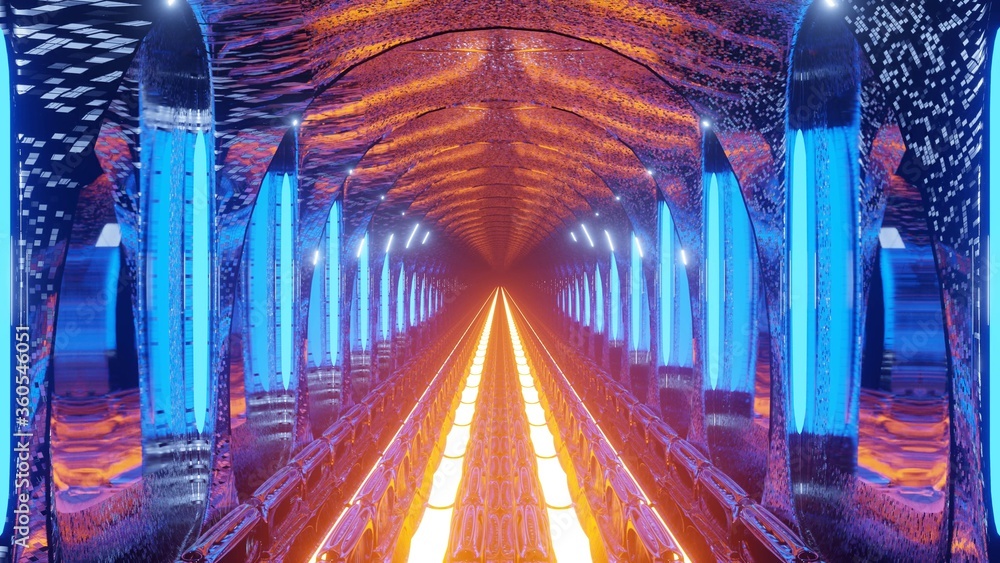 Poster 3d rendering illustration with futuristic sci-fi blue techno lights creating a tunnel