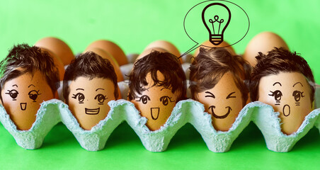Eggs With different faces and emotions, idea, innovation and teamwork concept