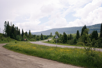 Obraz premium Landscape of asphalt road in the mountains with roadsign turn right. Many green trees. Vacation by car. 