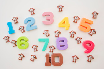 Kids colored number and monkeys. School mathematical Symbols. Early education, counting game. Preschool exercise for kids. Sequence from 1 to 10.
