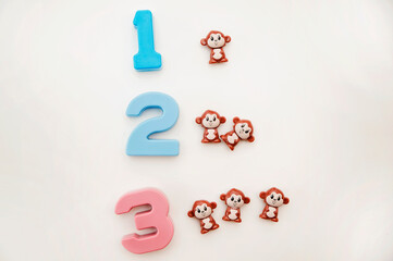 Kids colored number and monkeys. School mathematical Symbols. Early education, counting game. Preschool exercise for kids. Sequence from 1 to 3.