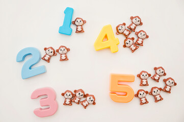 Kids colored number and monkeys. School mathematical Symbols. Early education, counting game. Preschool exercise for kids. Sequence from 1 to 5,