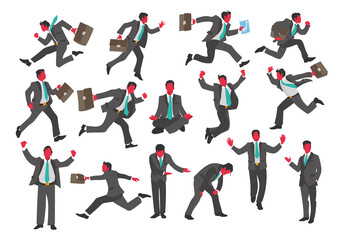 Businessman in office suit and briefcase in various actions like running, nervous, euphoric, tired, jumping, exhausted, nervous, friendly, desperate, winning, calm and helpful.