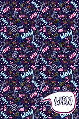 Seamless flat neon vertical pattern. A linear hand holds a dart and aims at the target. Funny lettering. Concept for print or web use. On a dark blue background. Bubble with lettering.