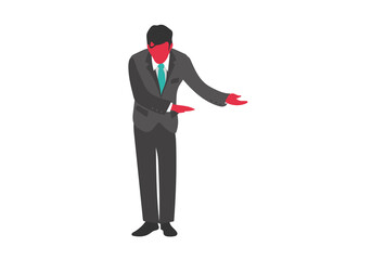 Helpful business man dressed in formal office suit and ti invites to enter. Flat style vector image. Full length