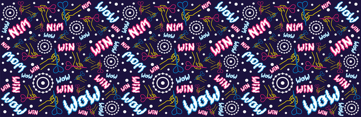 Seamless flat neon horizontal pattern. A linear hand holds a dart and aims at the target. Funny lettering. Concept for print or web use. On a dark blue background.
