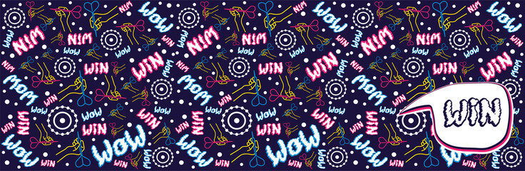 Seamless flat neon horizontal pattern. A linear hand holds a dart and aims at the target. Funny lettering. Concept for print or web use. On a dark blue background. Bubble with lettering.