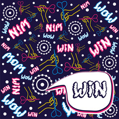 Seamless flat neon pattern. A linear hand holds a dart and aims at the target. Funny lettering. Concept for print or web use. On a dark blue background.Bubble with lettering.