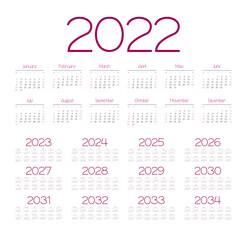 English calendar for years 2022-2034, week starts on Sunday