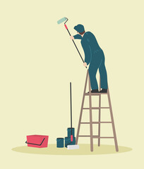 Handyman on a ladder painting a wall. Professional painter