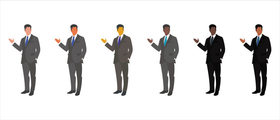 Set of business man inviting from different cultures . Dressed in office suit. Flat vector illustration set with serious and formal tone.