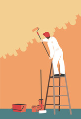 Handyman on a ladder painting a wall. Professional painter