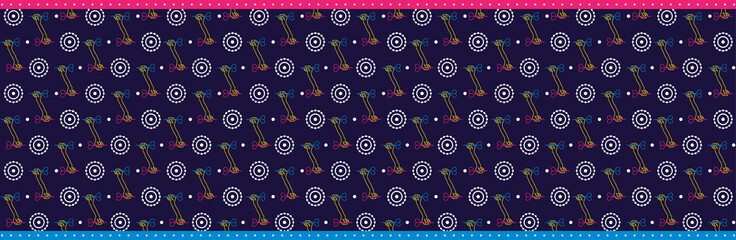 Seamless flat neon horizontal pattern. A linear hand holds a dart and aims at the target. Concept for print or web use. On a dark blue background.