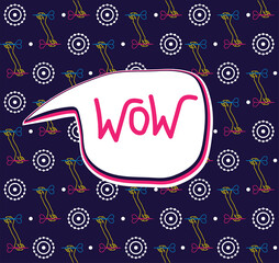 Seamless flat neon pattern. A linear hand holds a dart and aims at the target. Concept for print or web use. On a dark blue background.Bubble with lettering.