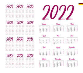 Fototapeta na wymiar German Calendar for 2022-2034. Week starts on Monday