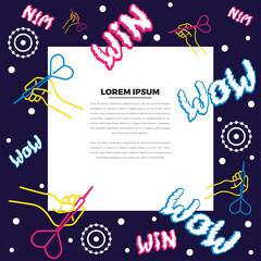 Frame concept with place for text. Flat neon illustration. A linear hand holds a dart and aims at the target. Funny lettering. Concept for print or web use. On a dark blue background.