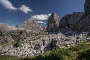 View of Tofana di Rozes mountain and Cinque Torri rock formations in Nuvolau mountai group, Cortina d'Ampezzo, Dolomites, South Tirol, Italy.
