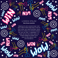 Circle frame concept with place for text. Flat neon illustration. A linear hand holds a dart and aims at the target. Funny lettering. Concept for print or web use. On a dark blue background.