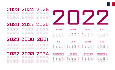 French Calendar for 2022-2034. Week starts on Monday