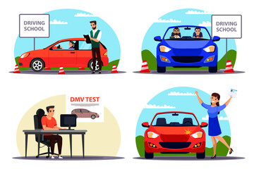 Education and examination at driving school set
