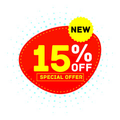 15% off discount sticker, Special offer sale red tag isolated vector illustration. Discount offer price label,symbol for advertising campaign in retail, sale promo marketing.