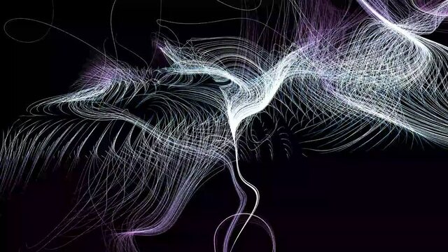 3d render of abstract art of 3d background with surreal hills mountains or dunes in curve wavy round parallel lines on surface in white,  purple and gray color in the dark on black background