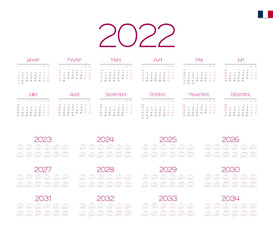 French Calendar for 2022-2034. Week starts on Monday