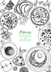 Breakfasts and brunches top view frame. Food menu, design. Vintage hand drawn sketch, vector illustration. Engraved style.