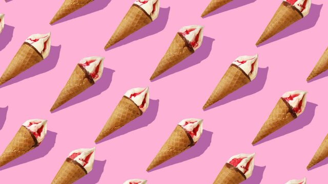 Beautiful background from  of large group of  ice cream. 
Appetizing ice cream cones rotating on pink background.
Flat lay, top view. Isometric view. Seamless loop video. 