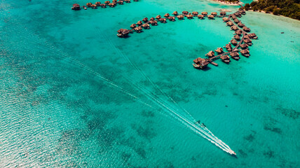 aerial view upon island resort and tropical island