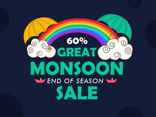 Monsoon great end of season sale creative banner, emblem or badges with rainbow, umbrella and cloud rainy day