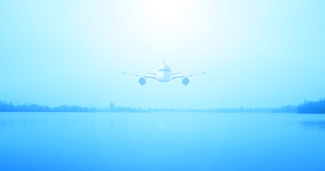 A plane over a river and the sun shines in the evening