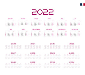 Fototapeta na wymiar French Calendar for 2022-2034. Week starts on Monday