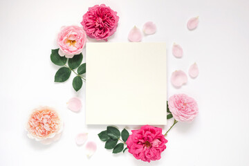 Inspiring layout of blank paper card mockup,  garden roses's buds, green leaves on white background. 