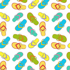 Seamless pattern collection of rubber multi-colored flip flops with a marine pattern: whales, seahorses, shells, fish, crayfish, flip flops for everyday walking, for the beach, for hot weather vector 