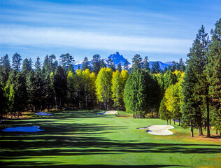 Three fingered Jack mountain and a golf course in central Oregon near Sisters.