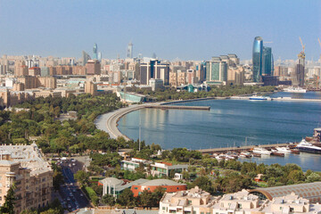 Naklejka premium Beautiful background of Baku city. Beautiful view of Baku Boulevard. Caspian Sea. Azerbaijan.